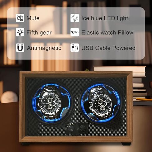 Isili Double Watch Winder for Automatic Watches, Dual Watch Winders Box for Watch Lovers, with Quiet Motor 4 Rotation Mode Setting, Blue Light, Elastic Watch Pillows, Gift for Valentine's Day in Saudi Arabia