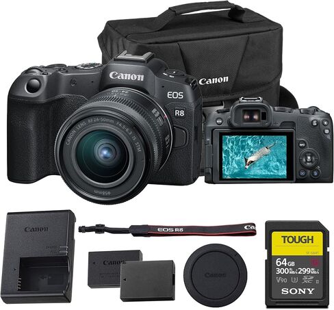 Canon EOS R8 الكاميرا الكاملة غير المرآة-24.2 ميجابكسل ، فيديو 4K60p ، Pixel AF II ، Wi-Fi ، الجسم خفيف الوزن-الجسم فقط (5803C002) in Saudi Arabia