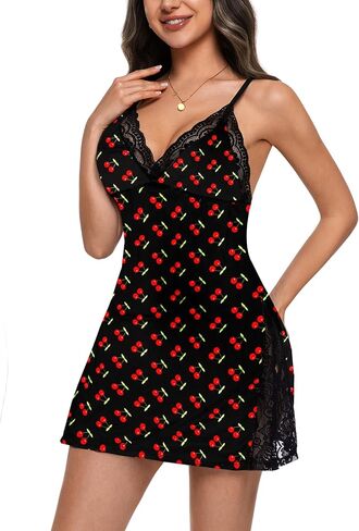 Night Gowns for Women V Neck Lace Nightgown Slip Dress Side Split Babydoll Chemise Sleepwear in Saudi Arabia