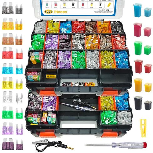 1221PCS Car Fuse Assortment Kit Mini &Standard Blade Tall/STD Profile Box Shaped Automotive Fuses with Fuse Puller and Circuit Tester, for Cars Trucks SUVs Boats, Double Sided Organizer in Saudi Arabia