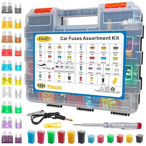 1221PCS Car Fuse Assortment Kit Mini &Standard Blade Tall/STD Profile Box Shaped Automotive Fuses with Fuse Puller and Circuit Tester, for Cars Trucks SUVs Boats, Double Sided Organizer in Saudi Arabia