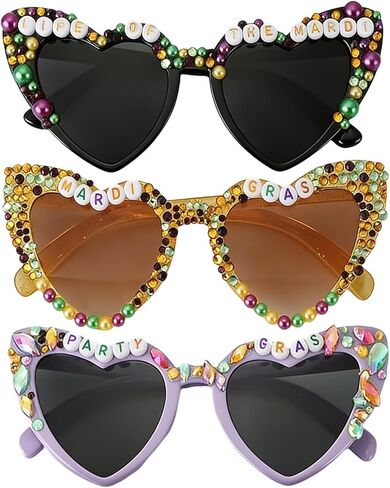 3 Pcs mardi gras Sunglasses for Women, Heart Shaped mardi gras Glasses with Beads in Purple, Yellow, Black, Carnival Party Accessories and Dress Up Supplies in Kuwait