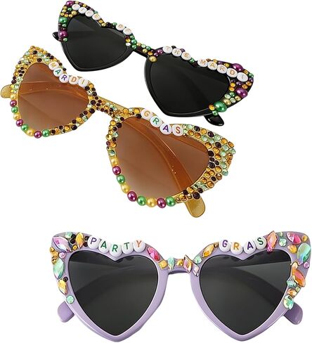 3 Pcs mardi gras Sunglasses for Women, Heart Shaped mardi gras Glasses with Beads in Purple, Yellow, Black, Carnival Party Accessories and Dress Up Supplies in Kuwait