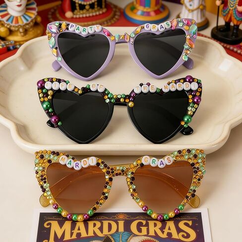 3 Pcs mardi gras Sunglasses for Women, Heart Shaped mardi gras Glasses with Beads in Purple, Yellow, Black, Carnival Party Accessories and Dress Up Supplies in Kuwait