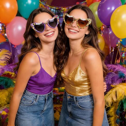 3 Pcs mardi gras Sunglasses for Women, Heart Shaped mardi gras Glasses with Beads in Purple, Yellow, Black, Carnival Party Accessories and Dress Up Supplies in Kuwait