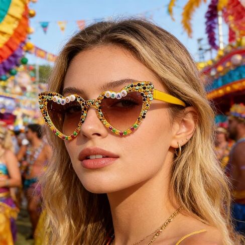 3 Pcs mardi gras Sunglasses for Women, Heart Shaped mardi gras Glasses with Beads in Purple, Yellow, Black, Carnival Party Accessories and Dress Up Supplies in Kuwait