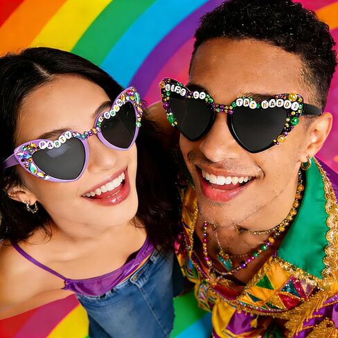 3 Pcs mardi gras Sunglasses for Women, Heart Shaped mardi gras Glasses with Beads in Purple, Yellow, Black, Carnival Party Accessories and Dress Up Supplies in Kuwait