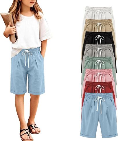 Girls Shorts Summer Linen Capris Pants Casual High Waisted Wide Leg Drawstring Lounge Shorts Beach Vacation Clothes in Saudi Arabia