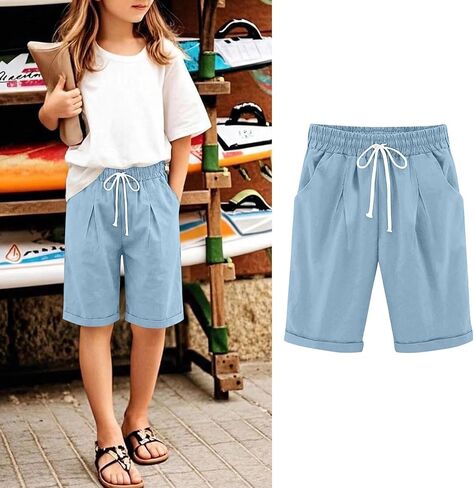 Girls Shorts Summer Linen Capris Pants Casual High Waisted Wide Leg Drawstring Lounge Shorts Beach Vacation Clothes in Saudi Arabia