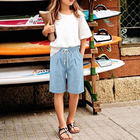 Girls Shorts Summer Linen Capris Pants Casual High Waisted Wide Leg Drawstring Lounge Shorts Beach Vacation Clothes in Saudi Arabia