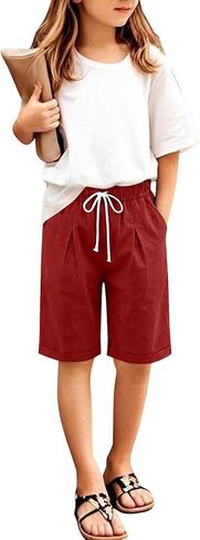 Girls Shorts Summer Linen Capris Pants Casual High Waisted Wide Leg Drawstring Lounge Shorts Beach Vacation Clothes in Saudi Arabia