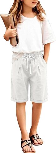 Girls Shorts Summer Linen Capris Pants Casual High Waisted Wide Leg Drawstring Lounge Shorts Beach Vacation Clothes in Saudi Arabia