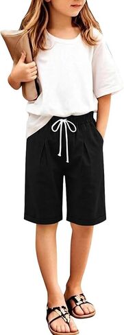 Girls Shorts Summer Linen Capris Pants Casual High Waisted Wide Leg Drawstring Lounge Shorts Beach Vacation Clothes in Saudi Arabia