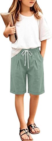 Girls Shorts Summer Linen Capris Pants Casual High Waisted Wide Leg Drawstring Lounge Shorts Beach Vacation Clothes in Saudi Arabia