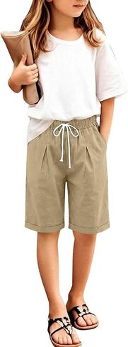 Girls Shorts Summer Linen Capris Pants Casual High Waisted Wide Leg Drawstring Lounge Shorts Beach Vacation Clothes in Saudi Arabia