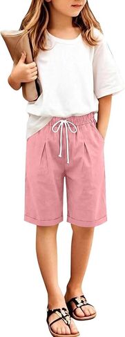 Girls Shorts Summer Linen Capris Pants Casual High Waisted Wide Leg Drawstring Lounge Shorts Beach Vacation Clothes in Saudi Arabia