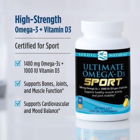 Nordic Naturals Ultimate Omega-D3 Sport, Lemon - 60 Soft Gels - 1480 mg Omega-3 + 1000 IU Vitamin D3 - NSF Certified - Supports Muscle, Bones, Focus & Endurance - 30 Servings in Saudi Arabia
