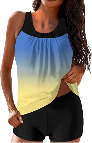 Women's Sporty Tankini Swimsuit Set – Printed Padded Bra Top with High-Waisted Swim Shorts, Conservative Swimwear in Saudi Arabia