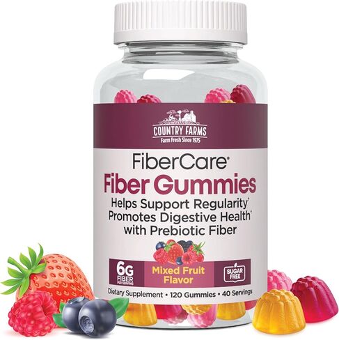 Country Farms Fiber Care Prebiotic Gummies, 6g of Fiber Per Serving, FOS from Beets, Digestive Health, Supports Regularity, Mixed Fruit Flavor, 120 Gummies, 40 Servings, Multi in Kuwait