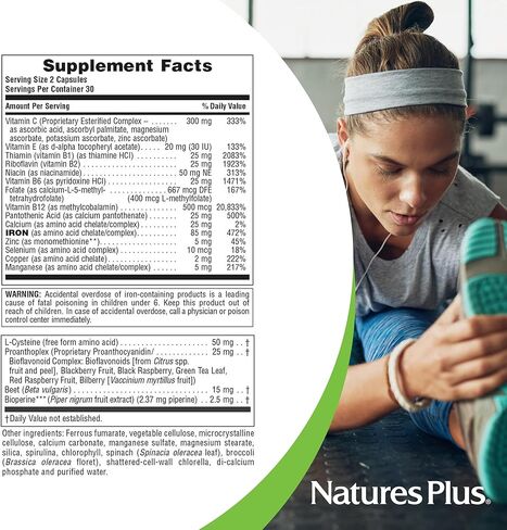 NaturesPlus Hema-Plex Iron - 60 Fast-Acting Capsules - 85 mg Elemental Iron + Vitamin C & Bioflavonoids for Healthy Red Blood Cells - Vegan, Gluten Free - 30 Servings in Saudi Arabia