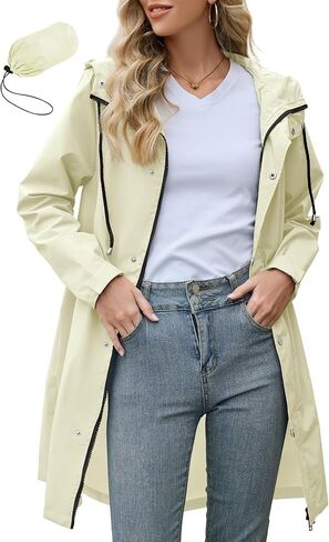 Zando Long Packable Rain Jacket Women Waterproof - Raincoat for Women Rain Coat with Hood Lightweight Outdoor Windbreaker in Saudi Arabia