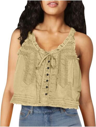 Women's Tops Lace Floral Casual Loose Blouses Tank Shirts Y2K Cute Lace Trim Tie Front Y2K Button Down Crop Tops in Saudi Arabia