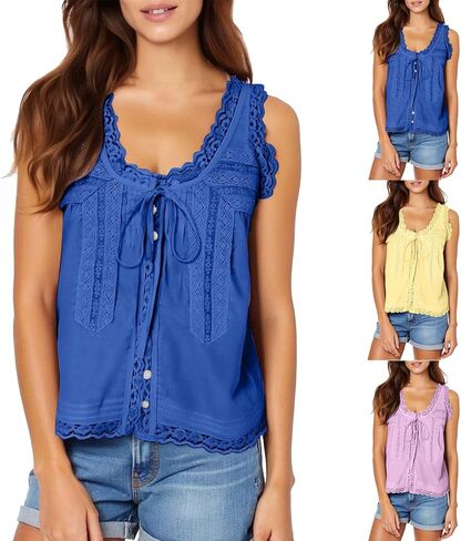 Women's Tops Lace Floral Casual Loose Blouses Tank Shirts Y2K Cute Lace Trim Tie Front Y2K Button Down Crop Tops in Saudi Arabia