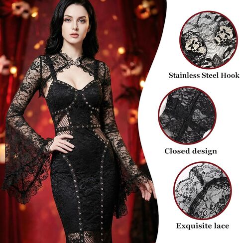 Bolero Shrug Top Trad Black Victorian Sleeves Sheer Mesh Cover Up Top for Vampire Cosplay Masquerade Carnival Party in Kuwait