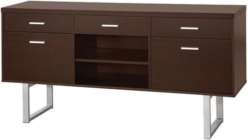 مكتب BOWERY HILL ذو 5 أدراج Credenza، تشطيب كابتشينو، قشرة هندسية وبنية معدنية، 60 بوصة عرض × 30 بوصة ارتفاع × 15.5 بوصة عمق، مكتب مكتب ذو طراز غير رسمي مع أرفف وتخزين الملفات in Saudi Arabia