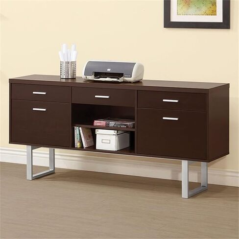 مكتب BOWERY HILL ذو 5 أدراج Credenza، تشطيب كابتشينو، قشرة هندسية وبنية معدنية، 60 بوصة عرض × 30 بوصة ارتفاع × 15.5 بوصة عمق، مكتب مكتب ذو طراز غير رسمي مع أرفف وتخزين الملفات in Saudi Arabia