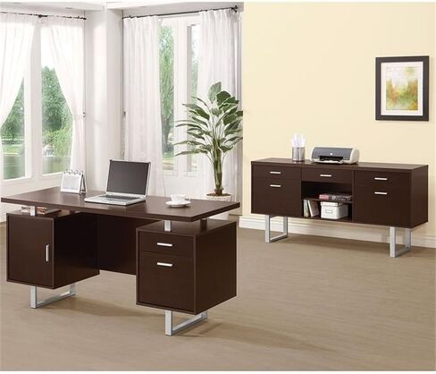 مكتب BOWERY HILL ذو 5 أدراج Credenza، تشطيب كابتشينو، قشرة هندسية وبنية معدنية، 60 بوصة عرض × 30 بوصة ارتفاع × 15.5 بوصة عمق، مكتب مكتب ذو طراز غير رسمي مع أرفف وتخزين الملفات in Saudi Arabia