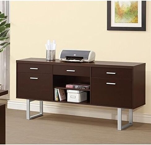مكتب BOWERY HILL ذو 5 أدراج Credenza، تشطيب كابتشينو، قشرة هندسية وبنية معدنية، 60 بوصة عرض × 30 بوصة ارتفاع × 15.5 بوصة عمق، مكتب مكتب ذو طراز غير رسمي مع أرفف وتخزين الملفات in Saudi Arabia