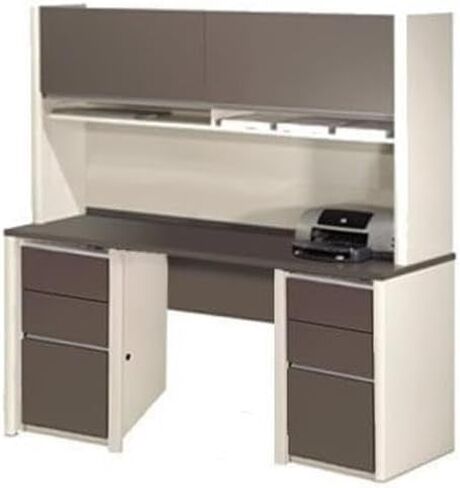 Atlin Designs Office Credenza and Hutch, Modular Design, 71.1" W x 23.4" D x 65.9" H, Melamine Finish, Sandstone & Slate, Includes 2 Pedestals, Wire Management, Ball-Bearing Slides, Commercial Grade in Saudi Arabia