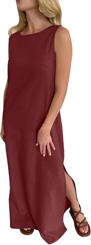 فستان نسائي صيفي غير رسمي بدون أكمام فستان ماكسي للشاطئ والعطلات ورقبة قارب بدون أكمام فستان فضفاض مناسب للسفر فستان الشمس in Kuwait