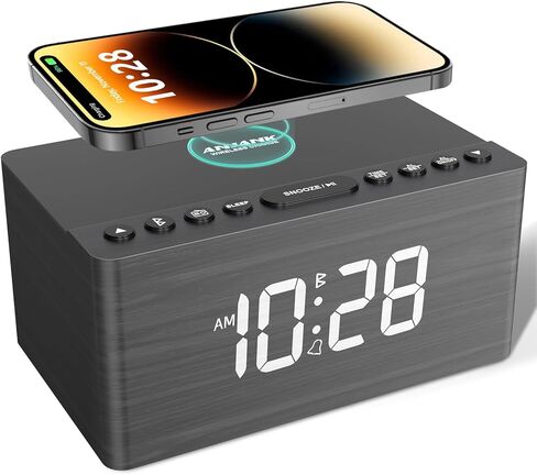 ANJANK Wooden Sound Machine Alarm Clock for Bedroom, Bluetooth Speaker, Wireless Charging Station for iPhone/Samsung, Sleep Timer, 0-100% Dimmer, White Noise Machine for Sleeping Adults with 20 Sounds in Kuwait