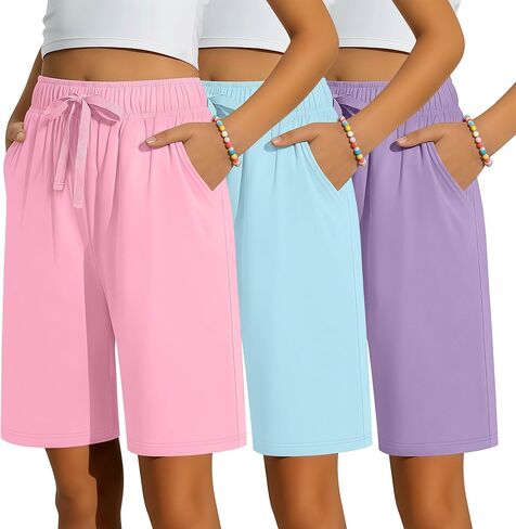 3 Pack Girls Bermuda Shorts Knee Length Straight Leg Drawstring Elastic Kids Lightweight Soft Pants with Pockets in Kuwait