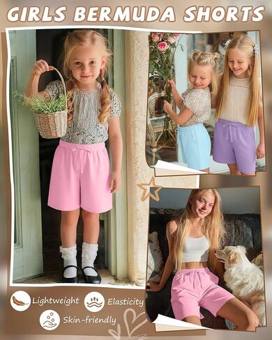 3 Pack Girls Bermuda Shorts Knee Length Straight Leg Drawstring Elastic Kids Lightweight Soft Pants with Pockets in Kuwait