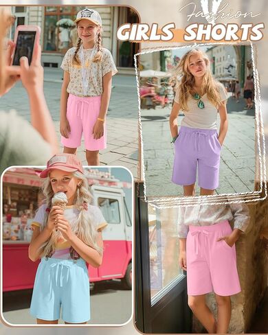 3 Pack Girls Bermuda Shorts Knee Length Straight Leg Drawstring Elastic Kids Lightweight Soft Pants with Pockets in Kuwait