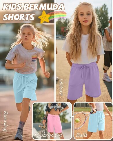 3 Pack Girls Bermuda Shorts Knee Length Straight Leg Drawstring Elastic Kids Lightweight Soft Pants with Pockets in Kuwait