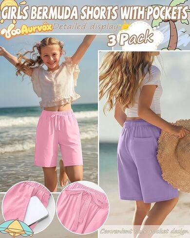 3 Pack Girls Bermuda Shorts Knee Length Straight Leg Drawstring Elastic Kids Lightweight Soft Pants with Pockets in Kuwait