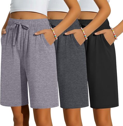 3 Pack Girls Bermuda Shorts Knee Length Straight Leg Drawstring Elastic Kids Lightweight Soft Pants with Pockets in Kuwait