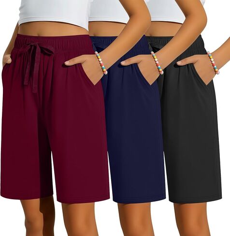 3 Pack Girls Bermuda Shorts Knee Length Straight Leg Drawstring Elastic Kids Lightweight Soft Pants with Pockets in Kuwait