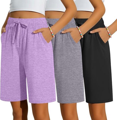 3 Pack Girls Bermuda Shorts Knee Length Straight Leg Drawstring Elastic Kids Lightweight Soft Pants with Pockets in Kuwait