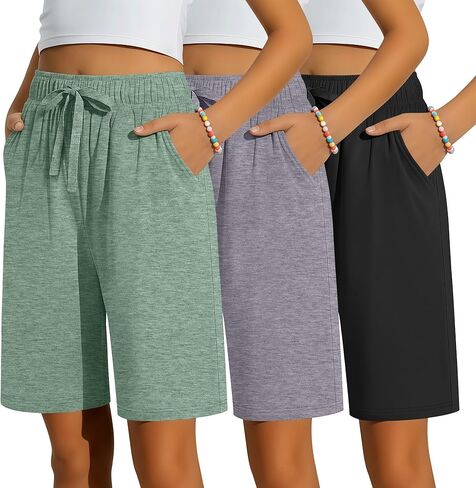 3 Pack Girls Bermuda Shorts Knee Length Straight Leg Drawstring Elastic Kids Lightweight Soft Pants with Pockets in Kuwait