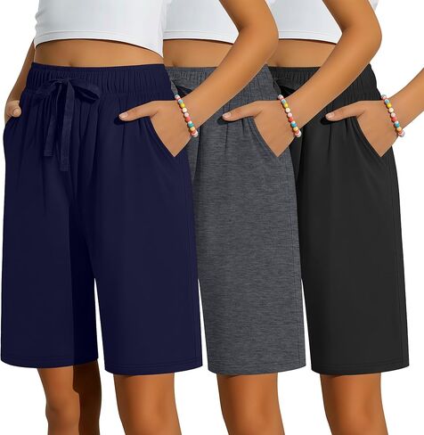 3 Pack Girls Bermuda Shorts Knee Length Straight Leg Drawstring Elastic Kids Lightweight Soft Pants with Pockets in Kuwait