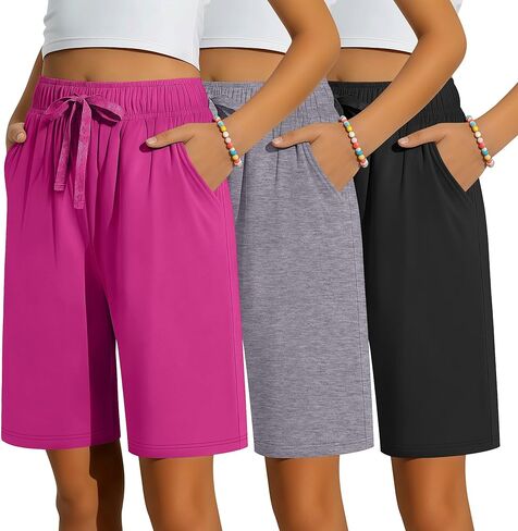 3 Pack Girls Bermuda Shorts Knee Length Straight Leg Drawstring Elastic Kids Lightweight Soft Pants with Pockets in Kuwait