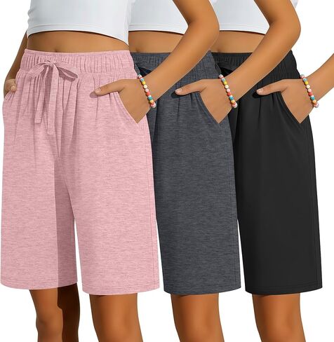 3 Pack Girls Bermuda Shorts Knee Length Straight Leg Drawstring Elastic Kids Lightweight Soft Pants with Pockets in Kuwait