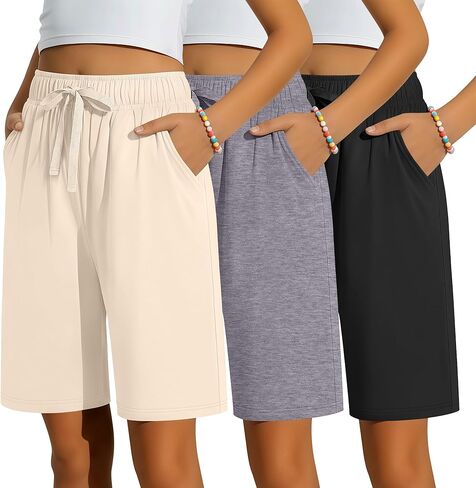 3 Pack Girls Bermuda Shorts Knee Length Straight Leg Drawstring Elastic Kids Lightweight Soft Pants with Pockets in Kuwait