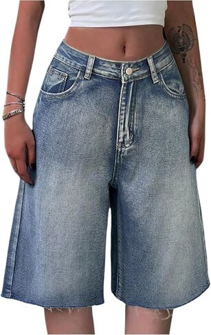 شورت جينز بناتي من GORGLITTER Jorts منخفض الارتفاع فضفاض واسع الساق ممزق بحاشية برمودا من قماش الدنيم Y2k قيعان in Kuwait
