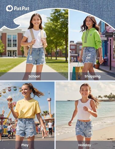 PATPAT Girls Ripped Jean Shorts 5-14Y, Y2K Vintage Mid Waist Straight Leg Denim Shorts with Elastic Waistband & Frayed Hem in Kuwait